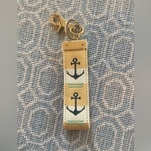 Spartina 449 White & Gold Stripe Anchor Grab N Go Keychain Leather Loop Key Ring